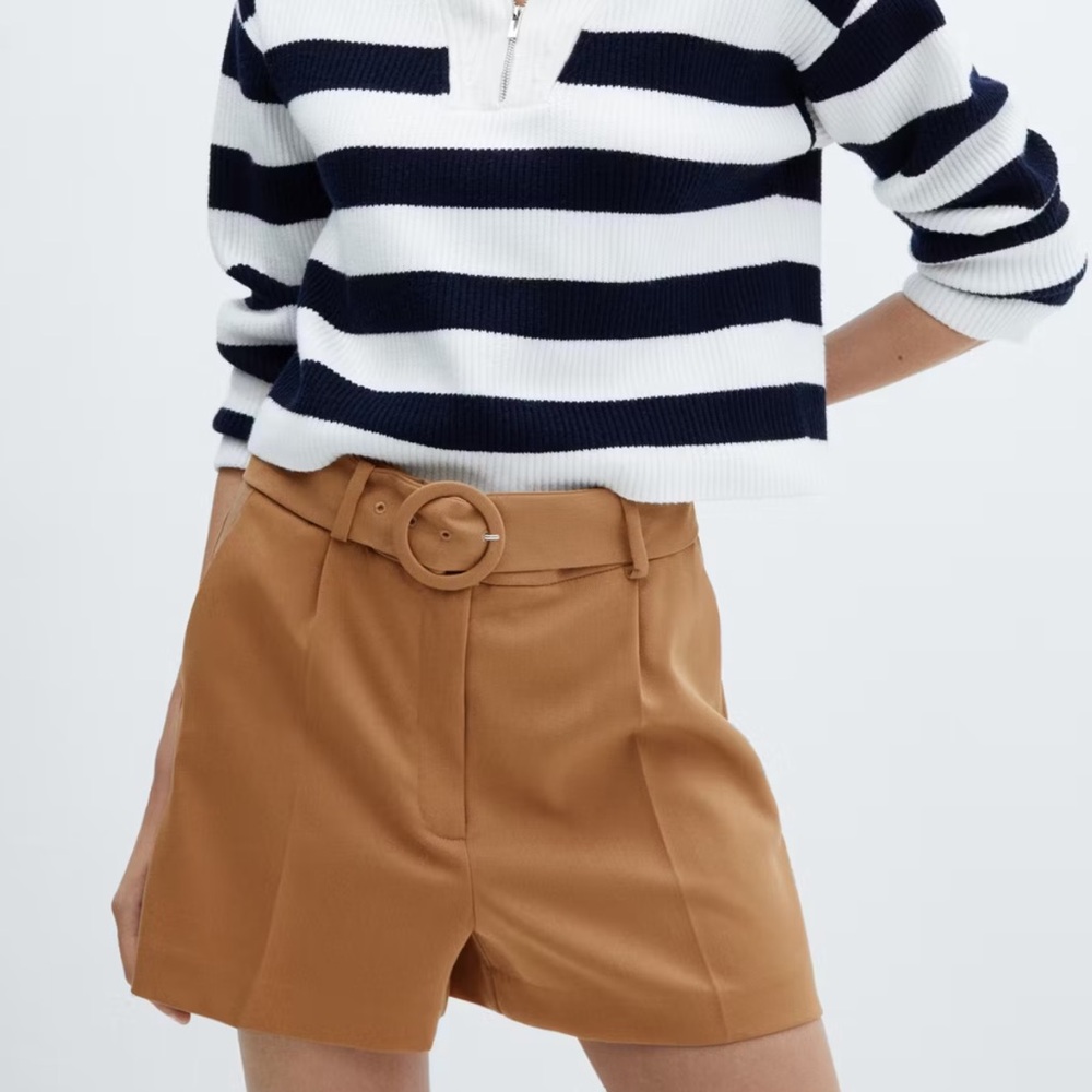 Mango Camel High-Rise Belted Shorts